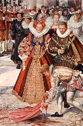 Walter Raleigh jogando sua capa para baixo para a rainha Elizabeth, ilustração de "Kenilworth" por Sir Walter Scott, publicado em 1912